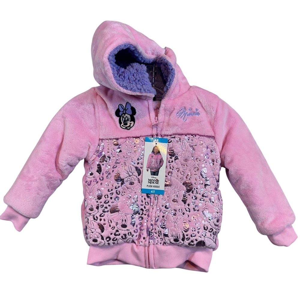 NWT Disney Minnie Mouse‎ Girls Pink Plush Zip Hoodie Metallic Leopard Sherpa 4T